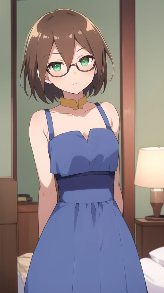 Aile_megamanzx, 1 girl, looking at viewer, Brown hair, green eyes ,bedroom background , Glasses, Evening dress