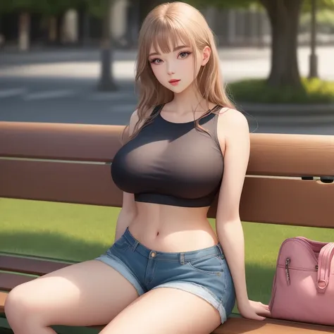 A woman sitting on a bench, big breasts, fake look, eyes are staring into nothing, perfect body, beuatiful, european, wearing shorts, and crop top