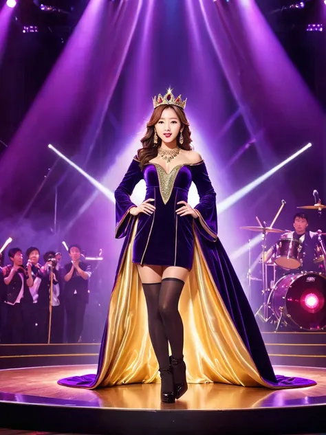 (vision:1.8)，1girl, concert，(audience:1.5), (idol stage:1.5)，weekend，站在金碧辉煌的idol stage上，wearing a golden crown，dressed in a roya...