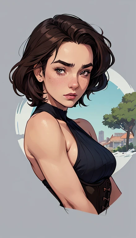 GTA character style illustration and Completely naked breasts showing a little fear Breast size Cartoon name: Isabella Cruz white background medium breasts freckled face Hermione Granger actress strong contours Physical description - long straight hair, ti...