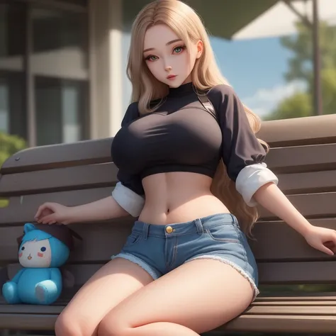 A woman sitting on a bench, big breasts, living doll, eyes are staring into nothing, perfect body, beuatiful, european, wearing shorts, and crop top, has had surgery to look like a living doll, is made of plastic