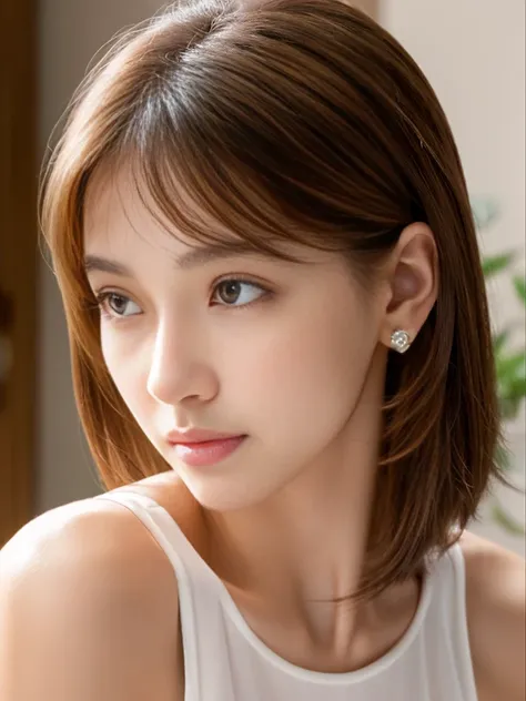 1 Female, Close-up of face, Medium chest, Light brown hair, Blunt bangs, Hair behind the ear, Hair that falls over the shoulders, Long Hair, Slim figure, Ultra debtine debtace, Thin face, Delicate lips, Beautiful Eyes, Light blush, eyes are light brown, Pe...