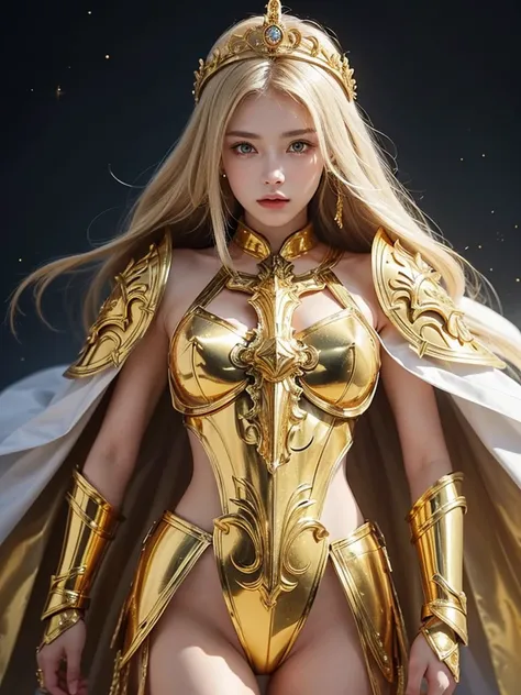 Attractive 18 year old Russian famous model, Light blonde hair, Close-up of a woman wearing only armor and a white cape made of gold metal chains, Beautifully patterned gold armor, Sailor Galaxy, God Emperor of Mankind, She only wears golden armor, Saint S...