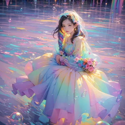 masterpiece, highest quality, Intricate details, Excellent anatomy、beautiful girl, Sparkling eyes, Otherworldly liquid fantasy background, watercolor, Bright and vibrant colors, Whimsical, colorful, Layered tiered puffy long sleeve ball gown, ((Rainbow bub...