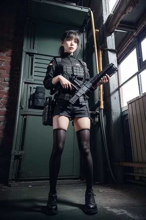 1 girl、submachine gun、walkie-talkie call、shooting、in a dark warehouse、black clothes、special operations、special forces、cinematic ...