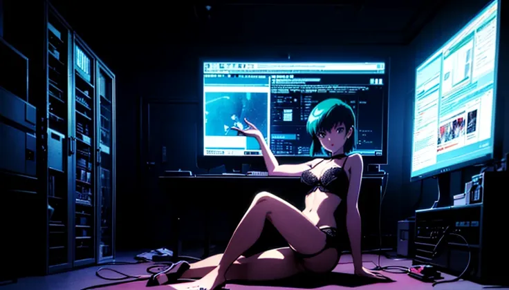 (perfect composition), (high resolution, masterpiece, ultra best quality, insanely amazing hyper fine extremely detailed, official:1.4)( full body, 80s horny milf hacker anime girl in lingerie sitting at a desk with a vintage computer, seductive hacker ani...