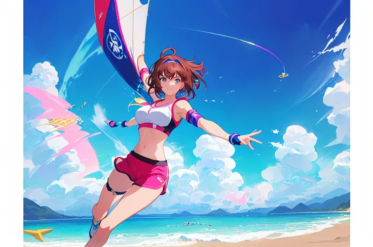 (perfect composition),imagined a girl in extreme sport outfit playing to a flying disc game in a beach arena game sport, masterpiece, ultra-detailed, 80s anime (style), 2D, megapixel, perfectionism, full HD , 4K, (windjammers), windjammers sport game, wind...