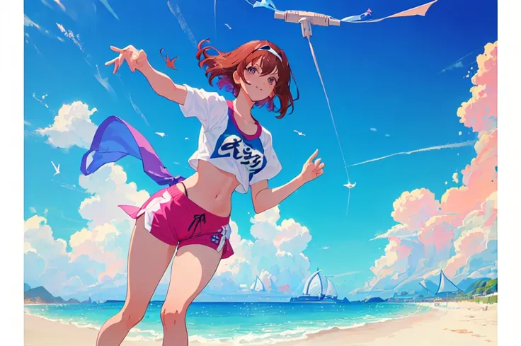 (perfect composition),imagined a girl in extreme sport outfit playing to a flying disc game in a beach arena game sport, masterpiece, ultra-detailed, 80s anime (style), 2D, megapixel, perfectionism, full HD , 4K, (windjammers), windjammers sport game, wind...