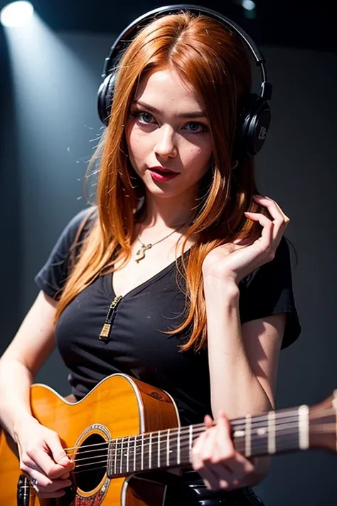 A solo redhead woman, with blue eyes and long hair styled on one side up, is captured in a photo flirting to the camera while holding an electric guitar, wearing a black skirt and pleated skirt, while wearing headphones and showcasing her mesmerizing red l...