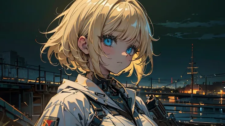 (masterpiece:1.2), (highest quality:1.2), Perfect Eyes, Perfect Face, Perfect lighting, One Girl,Bob, Complicated hairstyle, Compensate, Black Lips, Thick eyelashes, sad, Melancholic beautiful landscape,blonde,Assault rifle,(Large Breasts)