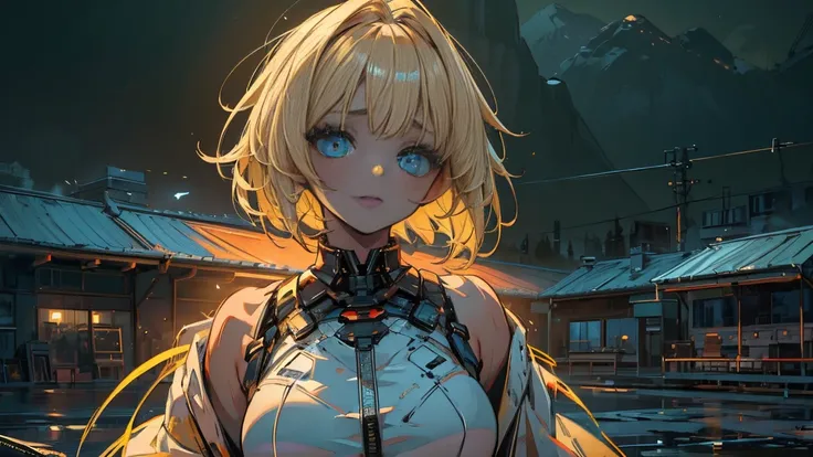 (masterpiece:1.2), (highest quality:1.2), Perfect Eyes, Perfect Face, Perfect lighting, One Girl,Bob, Complicated hairstyle, Compensate, Black Lips, Thick eyelashes, sad, Melancholic beautiful landscape,blonde,Assault rifle,(Large Breasts)