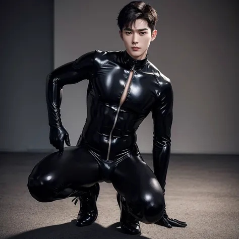 thin waist, wide shoulders，Slender legs，short hair，Song Weilong wears a black latex suit and latex gloves，abdominal muscles，Full body appearance，chest muscles，sports student，no beard，Squats，no body hair，Black leather boots，no chest hair，No beard，Abdomen th...