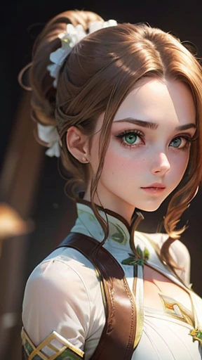 A young woman with light brown hair and a ponytail wearing a fantasy white costume、Green Eyes