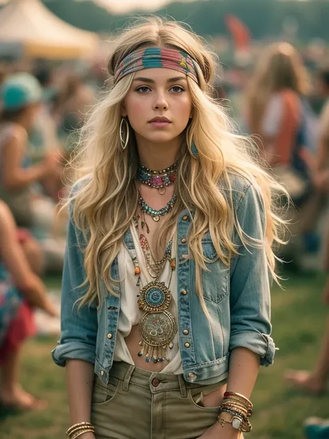 Imagine a beautiful 18 years old american hippie girl at the Woodstock concert in 1969, long wavy messy blonde hair with a hippe head band , blue-grey eyes, ultra realistic eyes, white skin, natural makeup, wearing hippie clothes, a summer dress, a worn je...