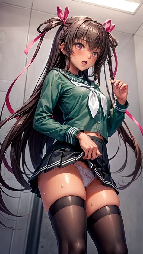 highest quality,masterpiece,8k,1girl,medium breasts,orgasm,blush, sweat,mini skirt,lift skirt,upskirt,white panties,Mizuki Yukikaze,hair ribbon, green shirt, serafuku, white neckerchief, long sleeves, pleated skirt, black skirt, black thighhighs, loafers