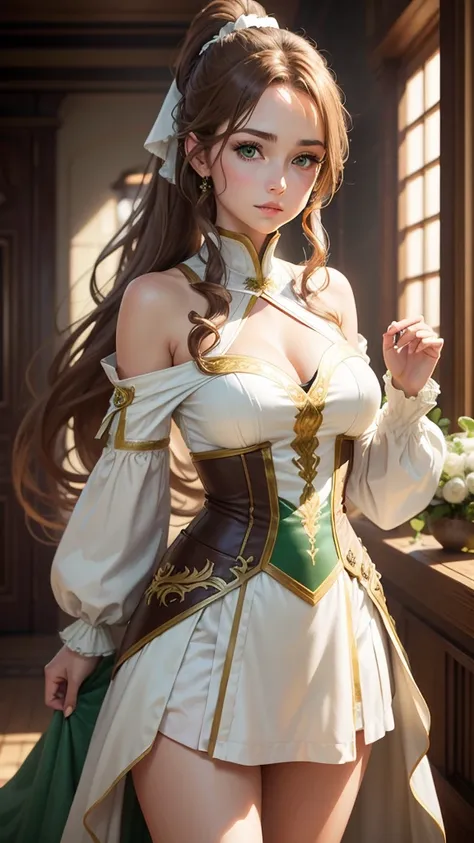 A young woman with light brown hair and a ponytail wearing a fantasy white costume、Green Eyes