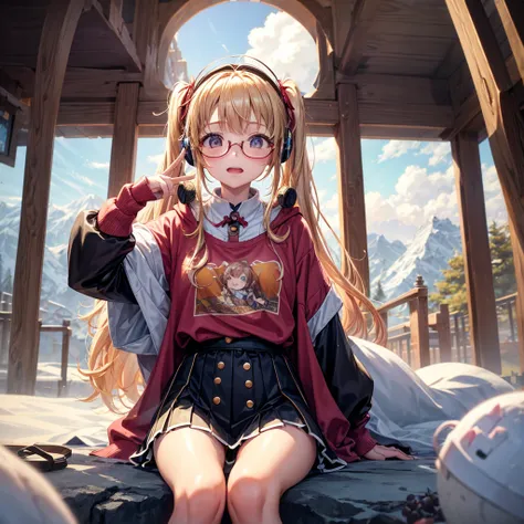 Pink gold golden hair、Golden Eyes、One good looking girl、Twin tails、solo、anime、Checkered mini skirt、The skirt has buttons、Red T-shirt、Long sleeve、China、Cape、Black knee-high socks、Wearing headphones、Wearing a ribbon、Ribbon on waist、Tilting face、Teeth are vis...