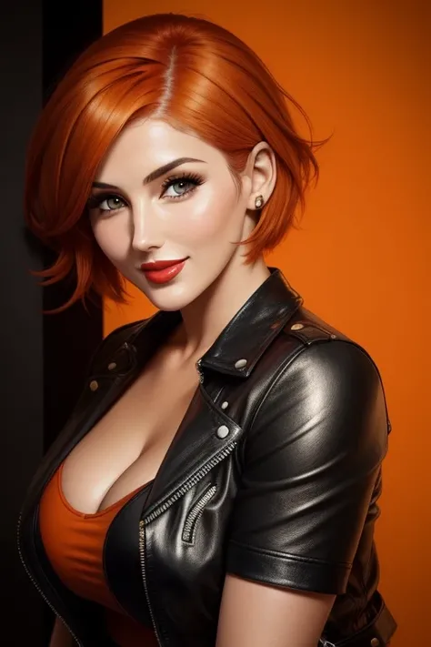 Lucy Pinder, Face portrait, red lipstick, smiling, orange hair, short hair, Leather t-shirt, black t-shirt