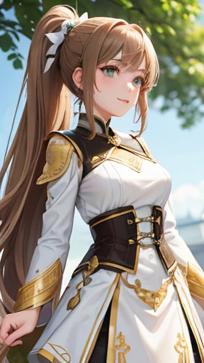 A young woman with light brown hair and a ponytail wearing a fantasy white costume、Green Eyes