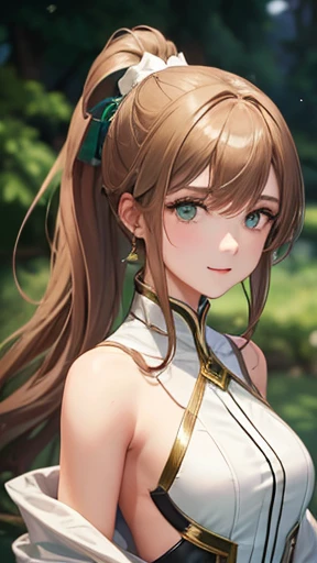 A young woman with light brown hair and a ponytail wearing a fantasy white costume、Green Eyes