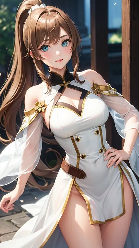 A young woman with light brown hair and a ponytail wearing a fantasy white costume、Green Eyes