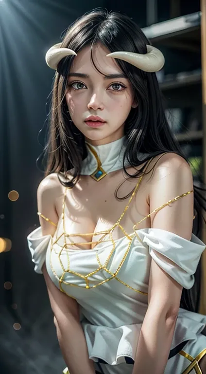 Masterpiece, Best quality, Ultra-detailed, illustration, epic lighting, Cinematic composition, isometry,(hexagons:1.2), 1girll, Horns, Solo, Yellow eyes, Black hair, Long hair, (Low wing:1.2), Large cleavage, Bare shoulders, hair between eye, Medium breast...