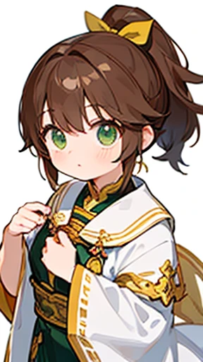 A young woman with light brown hair and a ponytail wearing a fantasy white costume、Green Eyes