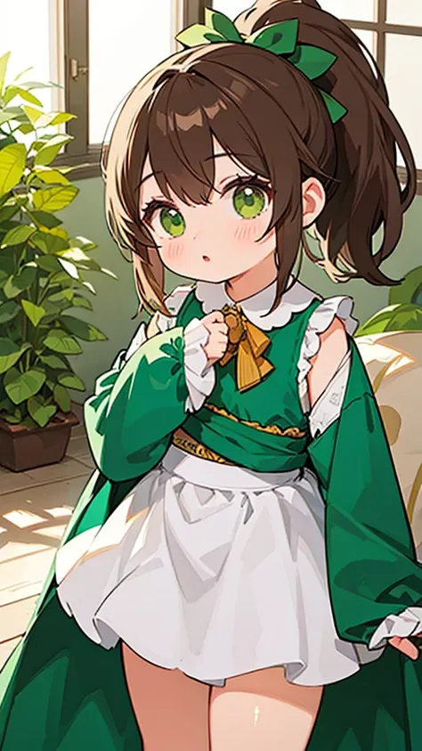 A young woman with light brown hair and a ponytail wearing a fantasy white costume、Green Eyes