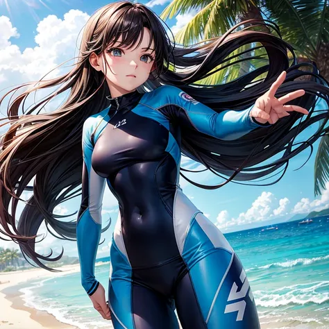 Wearing a rash guard at the beach､Women striking a pose