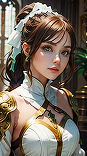 A young woman with light brown hair and a ponytail wearing a fantasy white costume、Green Eyes