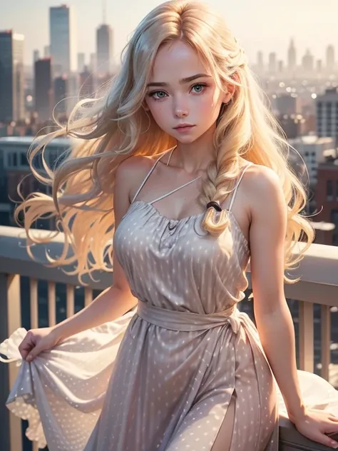 An image of a young woman standing on a balcony with a cityscape in the background. She faces the camera, her left hand gently touching her hair, projecting a thoughtful and elegant demeanor. Her expression is calm and serene. She has long, wavy blonde hai...