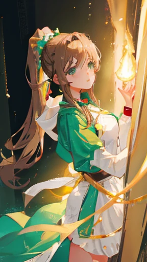 A young woman with light brown hair and a ponytail wearing a fantasy white costume、Green Eyes