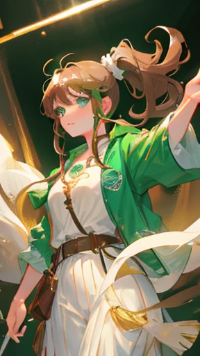 A young woman with light brown hair and a ponytail wearing a fantasy white costume、Green Eyes