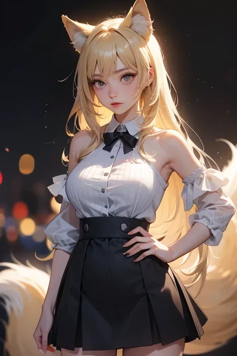 best quality, masterpiece, high resolution, CG, 1 Girl, Animal ears, Tail, Fox ears, Solitary, fox Tail, Large Breasts, High Leg Raise, Blonde hair, multiple Tails, large breasts, Heart, Long hair, Hands on Hips, cleveage, black High Leg Raise, Looking at ...