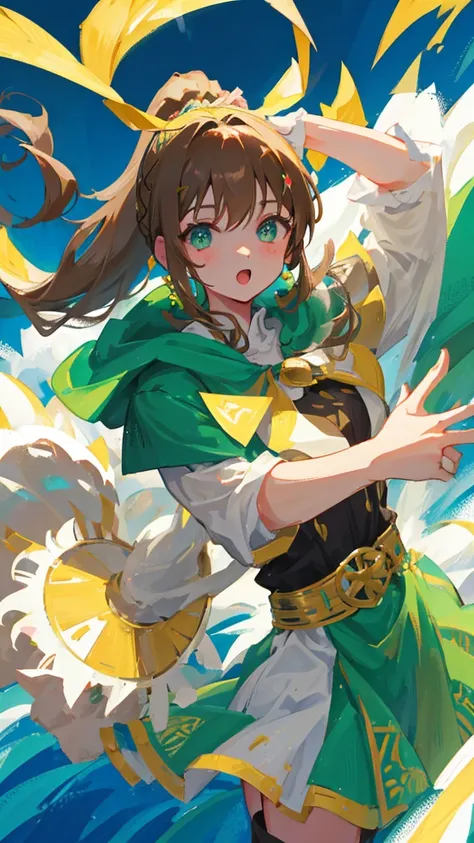 A young woman with light brown hair and a ponytail wearing a fantasy white costume、Green Eyes