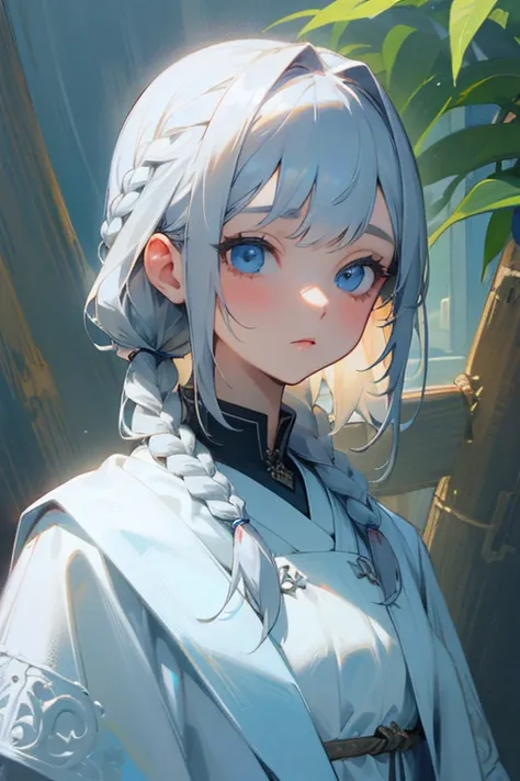 (highest quality, Masterpiece).Gray Hair, Blue Eyes,White clothes, look up, Upper Body,hair,Fair skin,Side braid、Beauty、woman、