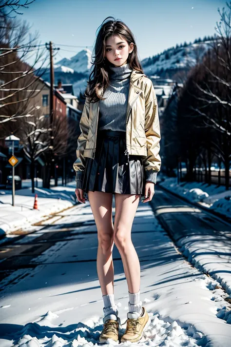 rustic，Heavy snow，Snow，a girl，Golden shawl long hair，Pure：1.5，slim，16 years old，Wearing a white turtleneck sweater，jacket，Black pleated skirt，Bare legs，White socks，Very thin，The legs are very thin，Thin legs，slender legs，whole body