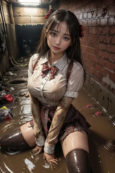 waistband of skirt is at the point above chest , school girl big breast , red knot , red bow , skirt dark red , plaid skirt , pleated skirt , dirty white Shirt , realisitic、top-quality、crisp photos、((Brick underground tunnel、Foul-smelling sewer、Littered wi...