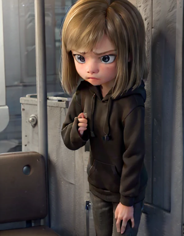 masterpiece, best quality, 1girl, (riley wearing black hoodie, (serious look , sad in a bus)),   pixar, cartoon, 3d render, sfw,