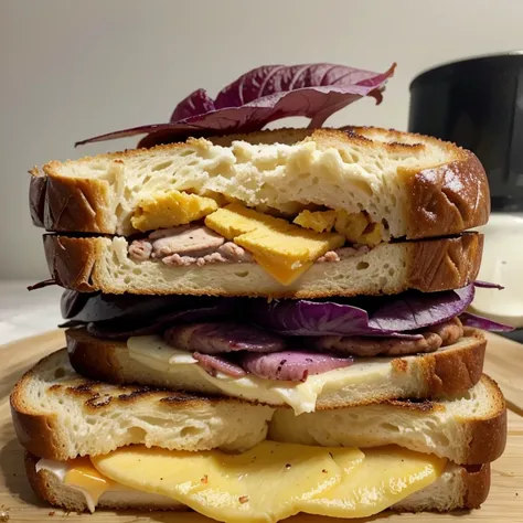 Faire un sandwich avec une brioche desin dexouper en fleur  du gouacamol des nuggets de poulet de la du fromage de la tome de fleur de la betrave, de la lécu violette et du piment de Jamaïque