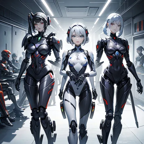 multiple robot women, 
 they all have perfect human female faces..,
 everything is mechanical except for the face.,
 not everyon...