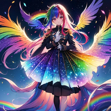 ((fantasy　rainbow hair　make your hair rainbow-colored on the inside　long hair　dull red eyes　have a galaxy　uniform　put on a coat ...