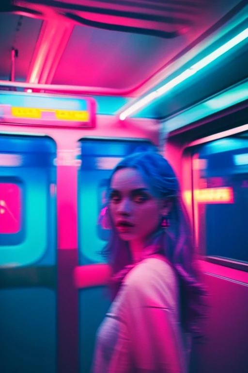 woman standing in a subway in a neon lights in a subway car, blue and pink and cinematic lighting, cinematic blue and pink lighting, cinematic and dramatic blue and pink light, high blue and pink lights, blue and pink lights, blue and pink neon lights, by ...