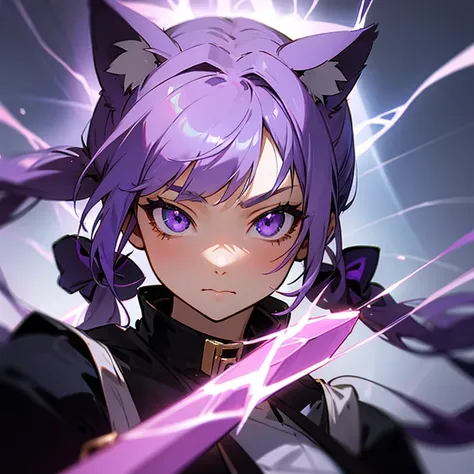 Anime girl with purple hair in high pigtails that looks like cat ears close up portrait. Add purple lightning sword effects