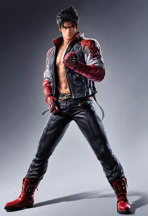 male focus, jin kazama, jacket, zipper, fighting stance, pants, fingerless gloves, shirt, boots, upper body
masterpiece, best quality, absurdres,