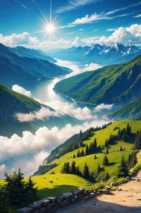 Detailed background, masterpiece, top quality, landscape, Mountain, river, forest, sun, sky, cloud