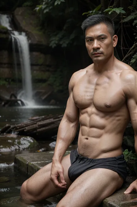 Cantonese uncle, China，male people，He was about 40 years old，Rough and handsome lookusculature，Oversized muscles，Oversized pectoral muscles，Bare topless，Bare topless，Big waist round，Chest hair，Sit by the water，Wearing a tong，buzz cut, vred, scowling, Best ...