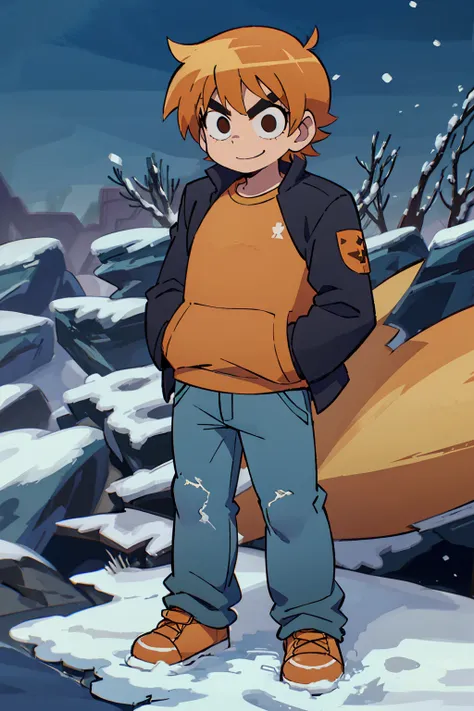 a boy, scott pilgrim, orange hair, shirt, jacket, thick eyebrows, canada, standing alone in the snow looking at the camera and s...