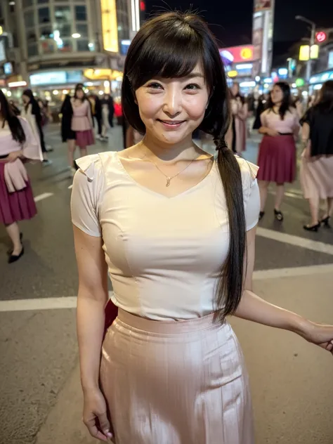 ((highest quality)), ((8K)), ((masterpiece: 1.3)), (Perfect appearance), (Photorealism: 1.6), (Japanese mature women passing by in the crowd), (Turning towards me with just her face), (Shibuya scramble crossing at night: 1.4), (In the middle of the scrambl...