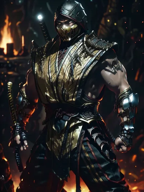 a cinematic marvel: mortal kombat's scorpion emerges in ultra hyper-realistic glory in unreal engine 5, a man in armor holding a...